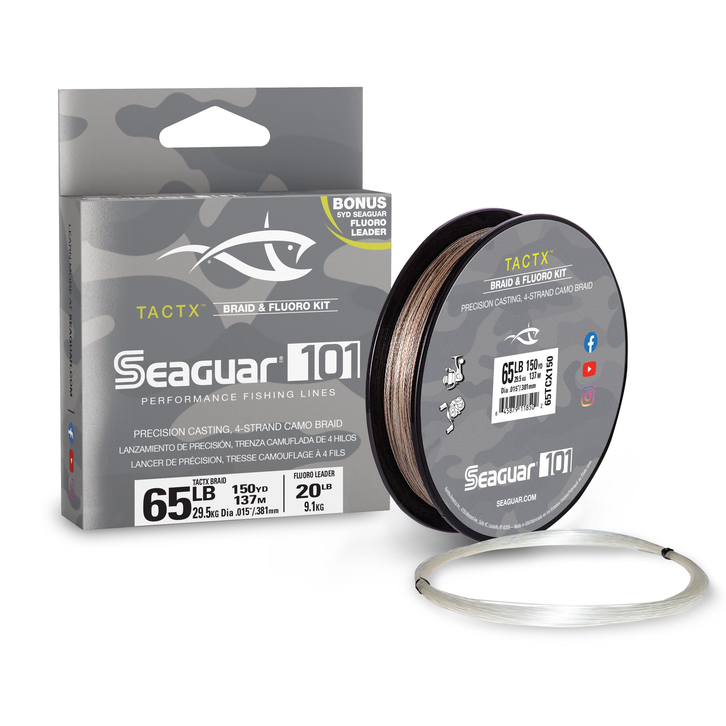 Seaguar 101 Tactx Braid with Fluorocarbon Leader 65lb w 20lb Fluoro Lead