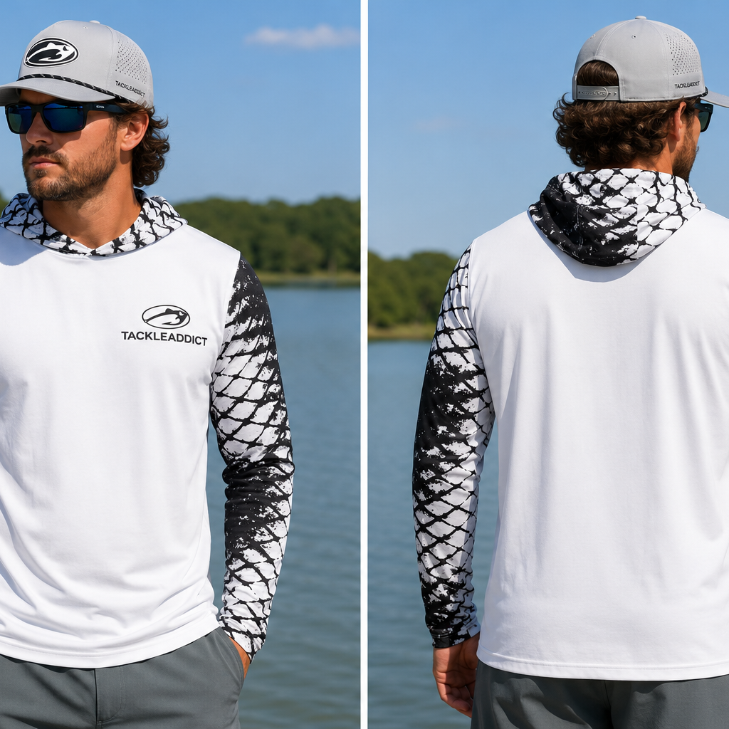 Tackle Addict Shirts White w Blk Scale Sleeves