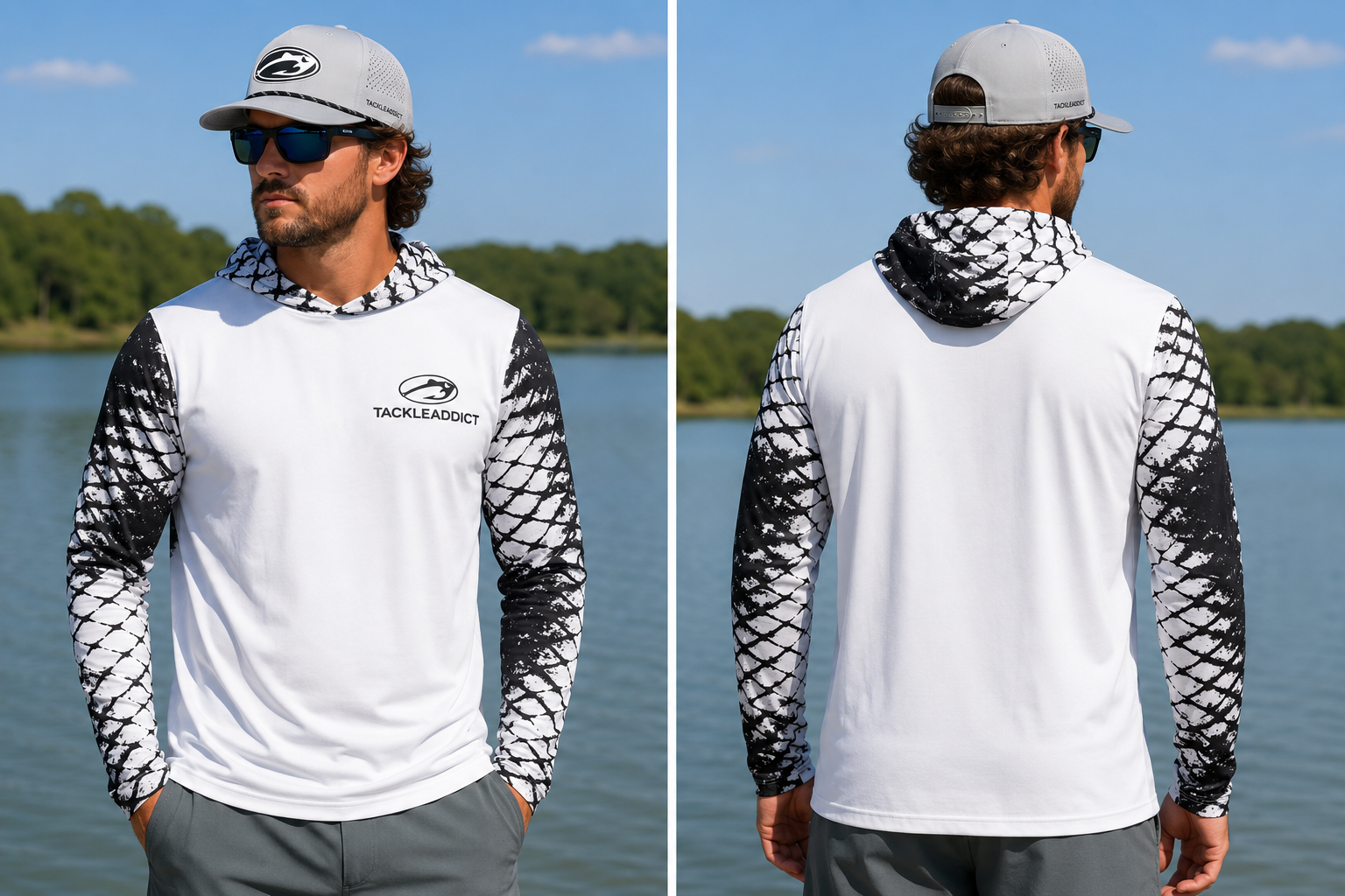 Tackle Addict Shirts White w Blk Scale Sleeves